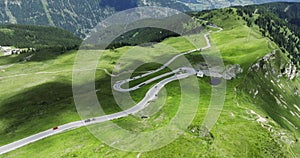 Aerial view of beautiful winding Road in the Alps on Passo Giovo