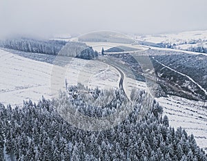 Aerial view of beautiful winter forest scenery