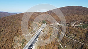Aerial view of Bebresh Viaduct at Hemus A2 motorway, Vitinya Pass, Bulgaria