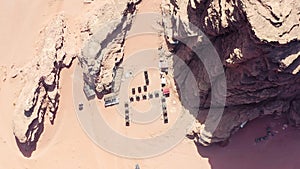 Aerial view of bedouin hotel camp in Wadi Rum, Jordan.