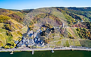Aerial view of Beilstein town with Metternich Castle at the Moselle River in Germany