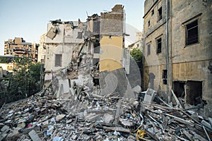 Aerial view of Beirut destruction after a fire at a warehouse with explosives in Beirut Port