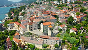 Aerial view Belavista Square on Herceg Novi old town in Bay of Kotor, Montenegro.