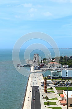 Aerial view of Belem tower - Torre de Belem in Lisbon, Portugal. Europe, castle.