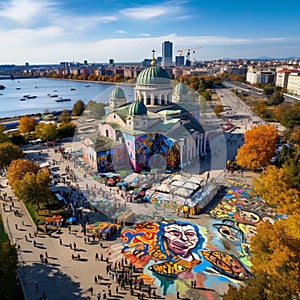 Aerial view of Belgrade's iconic landmarks with vibrant street art and bustling cityscape