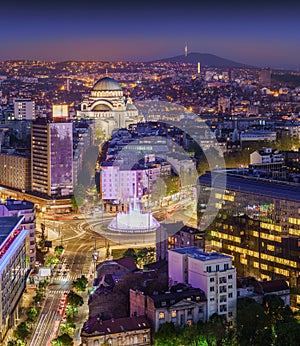 Aerial view of Belgrade Slavia Square, St Sava Temple, Avala Mountain by night