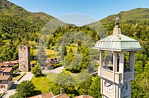 Aerial view of the bell tower of Church of the Purification of the Virgin Mary in Mesenzana, Italy