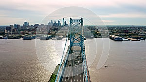 Aerial view of Ben Franklin Bridge and Philadelphia skyline