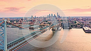 Aerial view of Ben Franklin Bridge and Philadelphia skyline