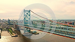 Aerial view of Ben Franklin Bridge and Philadelphia skyline