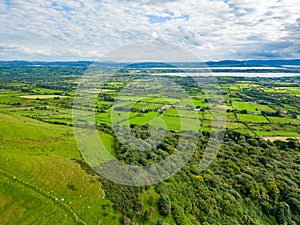 Aerial view of Benbulbin forest with farms, rocks and vegetation photo