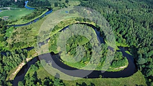 Aerial view of the bends and loops of the Merkys river in Lithuania. Old Varena.