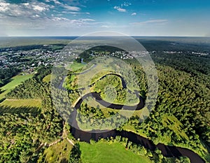 Aerial view of the bends and loops of the Merkys river in Lithuania. Old Varena.