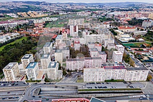 Aerial view of Benfica residential district at twilight, view of white building, Lisbon, Portugal