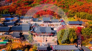 Aerial view of Beomeosa temple in Busan South korea.Image consists of temple located between the mountain covered with colorful