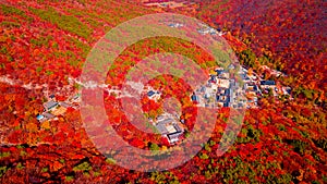 Aerial view of Beomeosa temple in Busan South korea.Image consists of temple located between the mountain covered with colorful