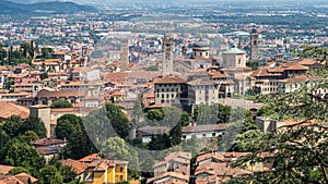 Aerial view of Bergamo old town seen from San Vigilio hill, in  Lombardy, Italy