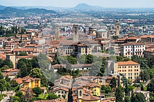 Aerial view of Bergamo old town seen from San Vigilio hill, in  Lombardy, Italy