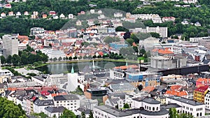 Aerial View of Bergen, Norway, Lake, Fountain, Buildings and Train Station 60fps