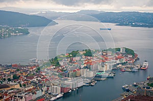 Aerial view of Bergen, Norway. Scenic view of city center, Vagen harbor and Puddefjorden