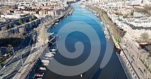 Aerial view of the Berlage brug in Amsterdam, The Netherlands. The Amstel river crossing infrastructure. tram and