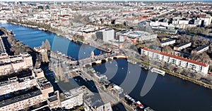 Aerial view of the Berlage brug in Amsterdam, The Netherlands. The Amstel river crossing infrastructure. tram and