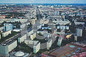 Aerial view of Berlin with skyline and scenery beyond the city, Germany, seen from the observation deck of TV tower