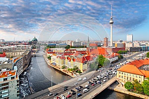 Aerial view of Berlin skyline and Spree river in summer, Germany