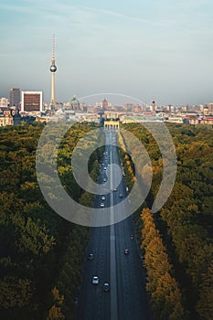 Aerial view of Berlin Skyline with Tiergarten Park and Bundesstrasse 2 highway - Berlin, Germany