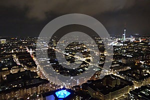 Aerial view of Berlin skyline with TV tower at night