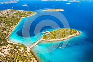 Aerial view of beutiful small island in sea bay at sunny day