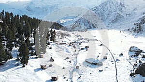 Aerial view of Beyal camp and Nanga Parbat in the winter season.