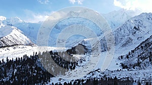 Aerial view of Beyal camp and Nanga Parbat in the winter season.