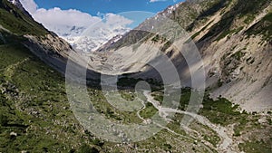 Aerial view of the Bezengi Gorge, a huge glacier and mountain peaks