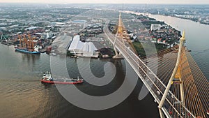 Aerial view of Bhumibol Bridge and Chao Phraya River in structure of suspension architecture concept, Urban city, Bangkok.
