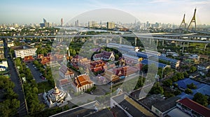 Aerial view of bhumibol bridge and chaopraya river in samuthprakarn - bangkok thailand