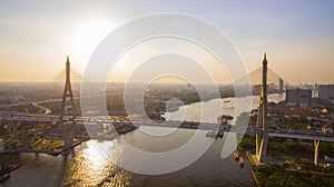 Aerial view of bhumibol bridge crossing chao praya river in bang