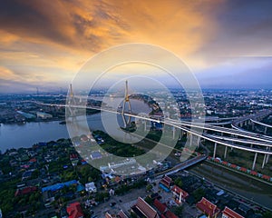 aerial view of bhumibol bridge crossing chaopraya river one of famous bangkok landmark