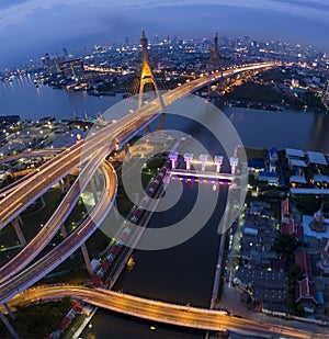 Aerial view of bhumibol bridge at dusk in bangkok thailand