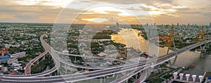 aerial view of bhumibol bridge important landmark of bangkok thailand