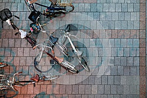 Aerial view of bicycles with nobody