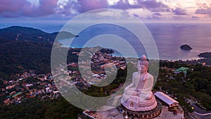 Aerial view Big Buddha at twilight, Big Buddha landmark of Phuket, Phukei Island, Thailand