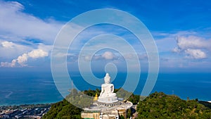 Aerial view big Buddha white on the mountain at Phuket Thailand
