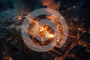 Aerial view of Big explosion and fire on power plant. Generative AI