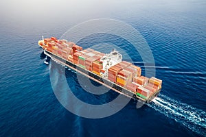 Aerial view of a big, heavy loaded container cargo ship