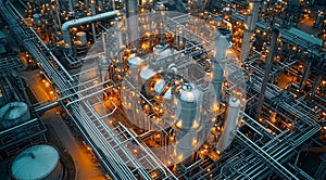 Aerial view of big oil refinery plant at night with beautiful lights. Industrial landscape.