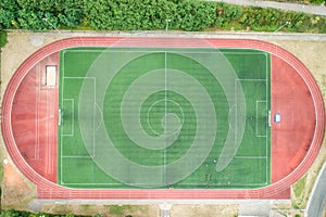 Aerial view of a big sports and soccer football field in a village near andernach koblenz neuwied in Germany