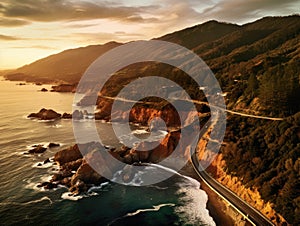 Aerial view of big sur coast at sunset