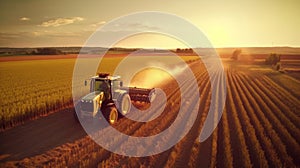 Aerial view of a big tractor in corn field