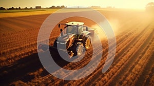 Aerial view of a big tractor in corn field